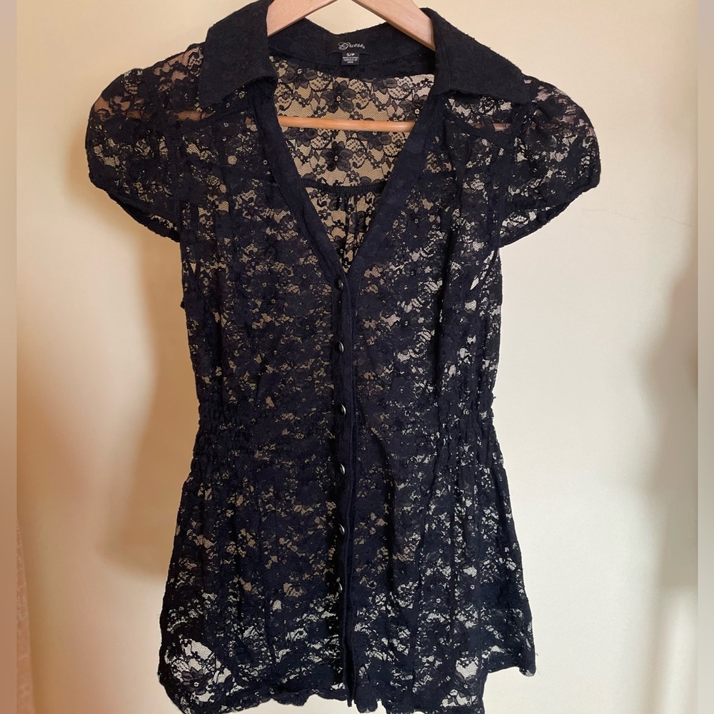 Vintage sheer lace black top, button details, puff sleeve, cinched waist